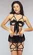 Zwart Intieme Lingerie Setje met Open Strik Cups en Jarretel Rokje