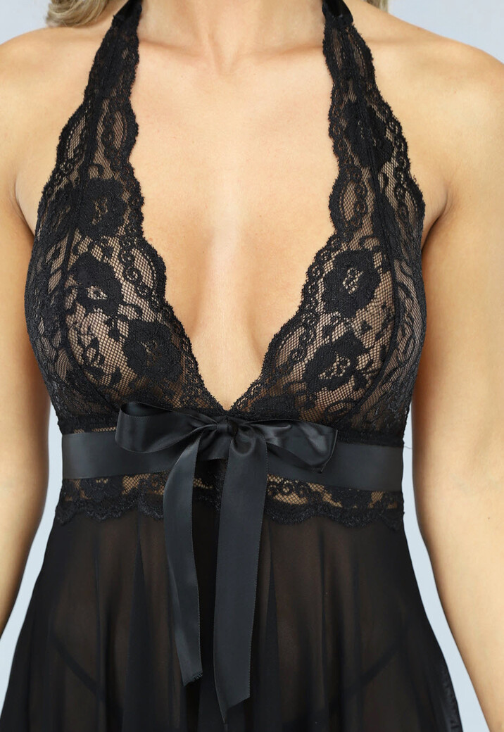 Zwarte Mesh Halter Slipdress met Kant