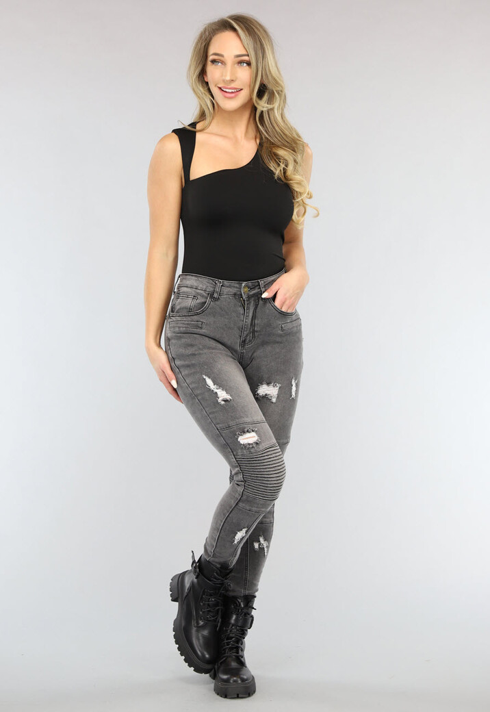 Grijze Ripped Skinny Jeans met Rib Detail