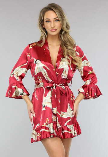 NEW3101 Rode Satin Kimono met Ruches