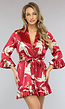 Rode Satin Kimono met Ruches en Print