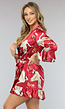 Rode Satin Kimono met Ruches en Print