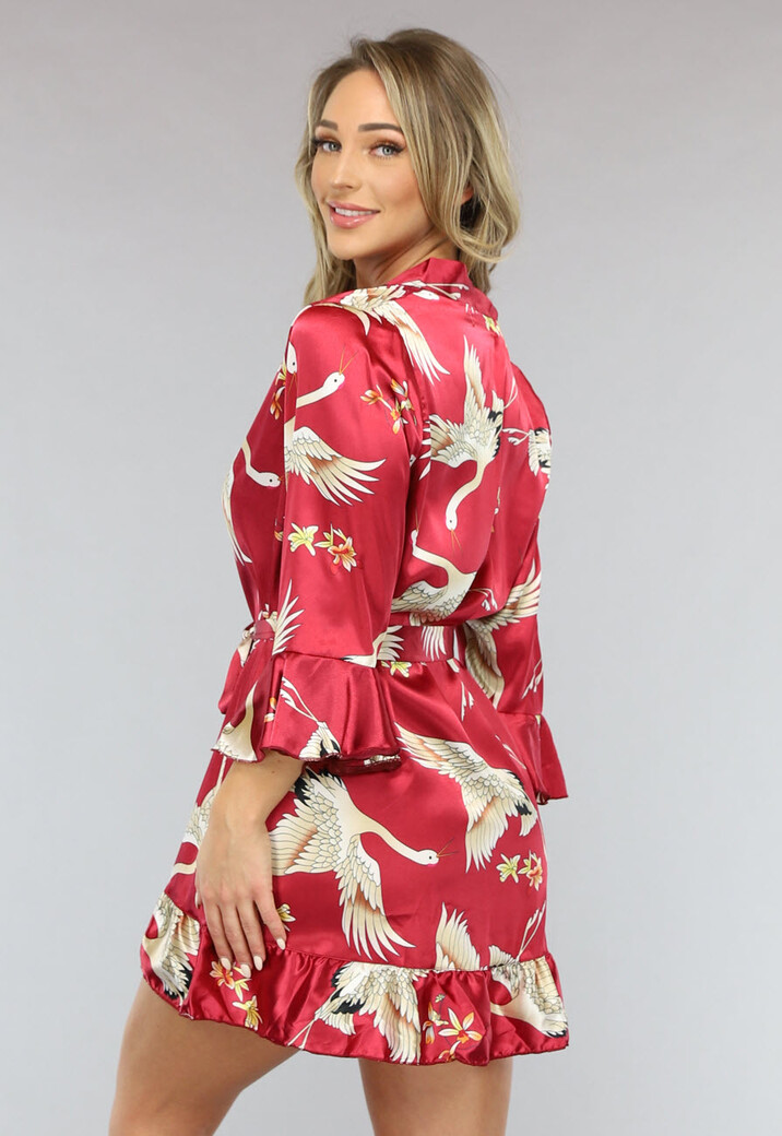 Rode Satin Kimono met Ruches en Print