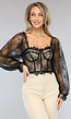 Zwarte Kanten Korset Top met Doorschijnende Mouwen