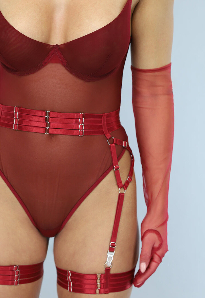 Wijnrode Doorschijnende Lingerie Set met Handschoenen
