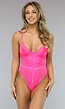 Neon Roze Lederlook Bodysuit met Kanten Details