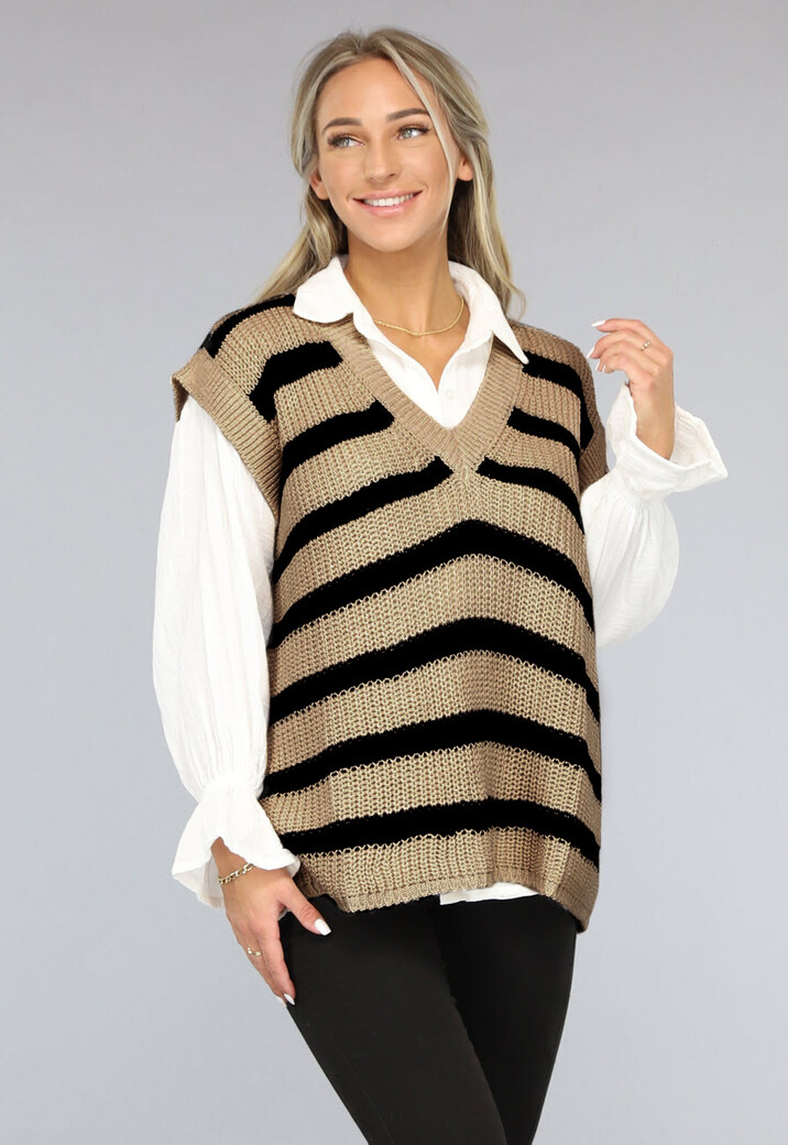 Beige/Zwarte Gebreide Jumper met Streep Patroon