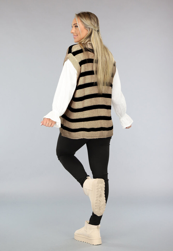 Beige/Zwarte Gebreide Jumper met Streep Patroon