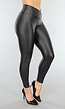 Zwarte Lederlook Legging met Overslag Taille