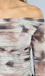 Geplooide Beige Off Shoulder Mesh Top met Lange Mouwen