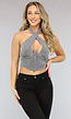 Zilveren Glitter Cross Over Halter Top met Knoopdetail