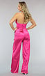 Roze Wide Leg Satin Utility Broek