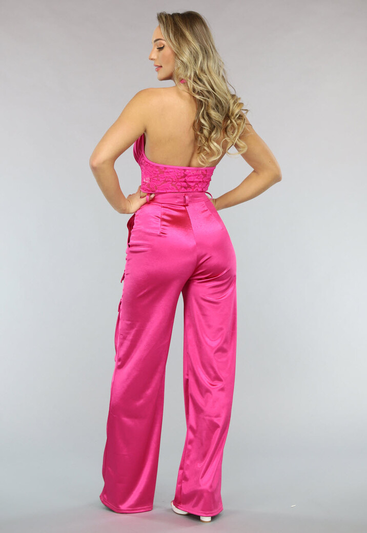 Roze Wide Leg Satin Utility Broek