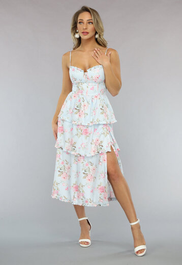 Lichtblauwe Vintage Look Bloemen Jurk