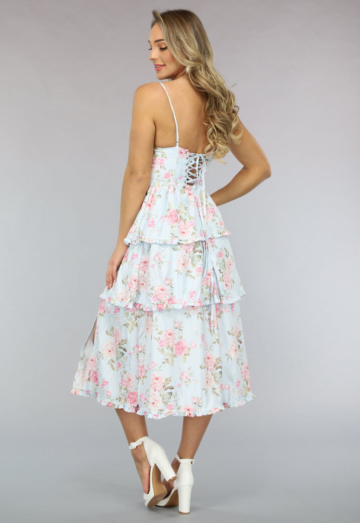 Lichtblauwe Vintage Look Bloemen Jurk met Ruches