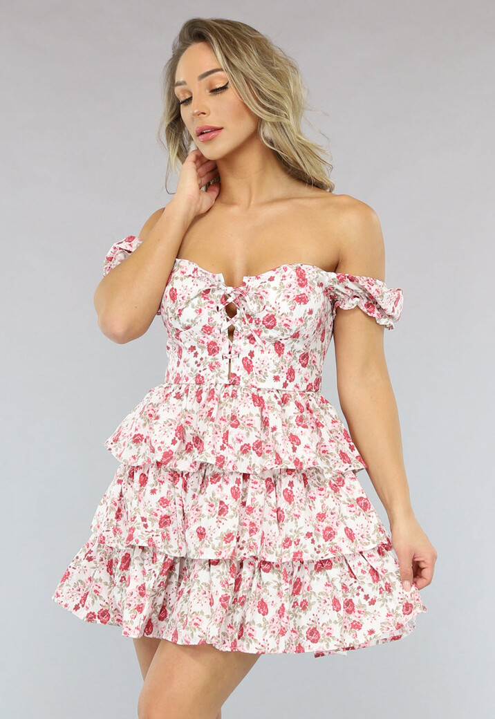 Off Shoulder Gelaagd Bloemen Jurkje