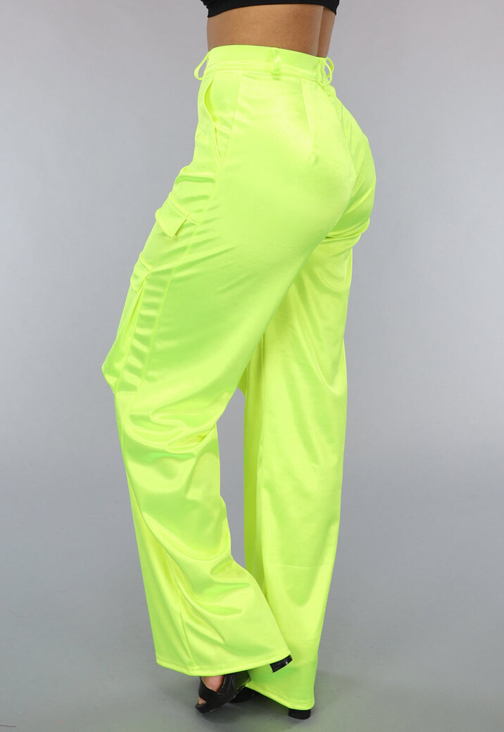 Neon Gele Cargo in Satijnen Stof