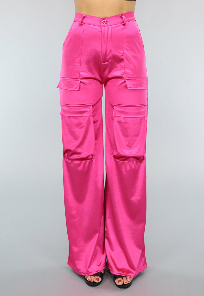 Roze Wide Leg Satin Utility Broek