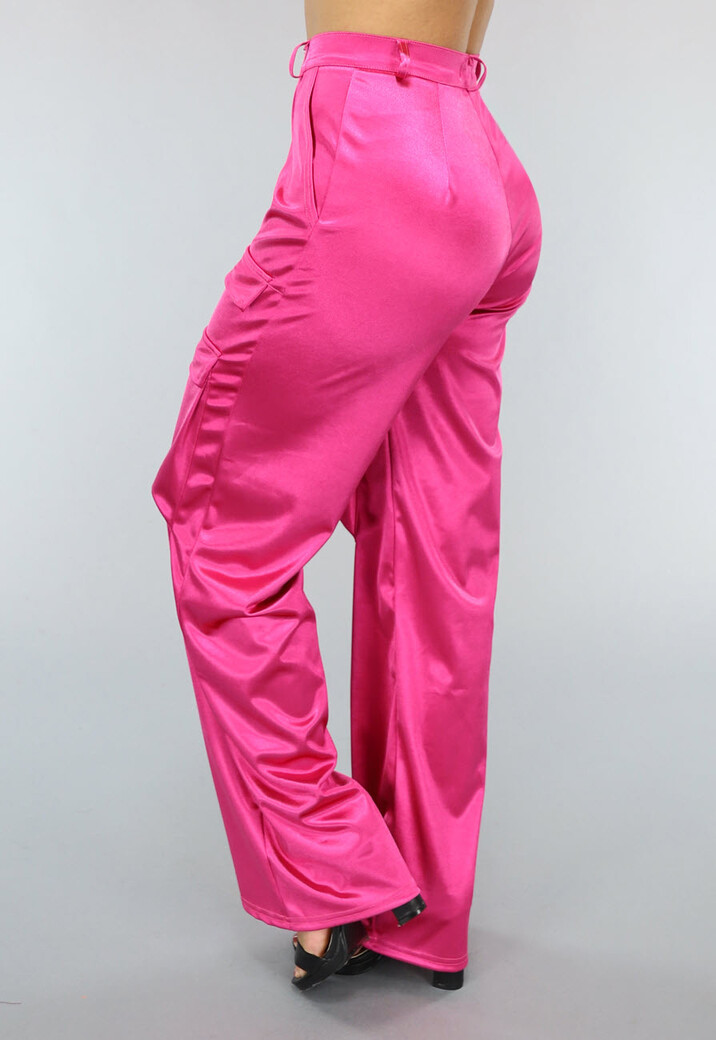 Roze Wide Leg Satin Utility Broek