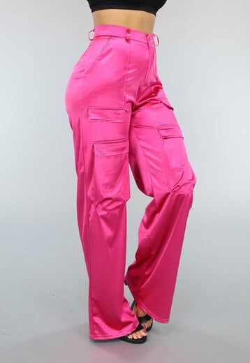 NEW1402 Roze Wide Leg Satin Utility Broek