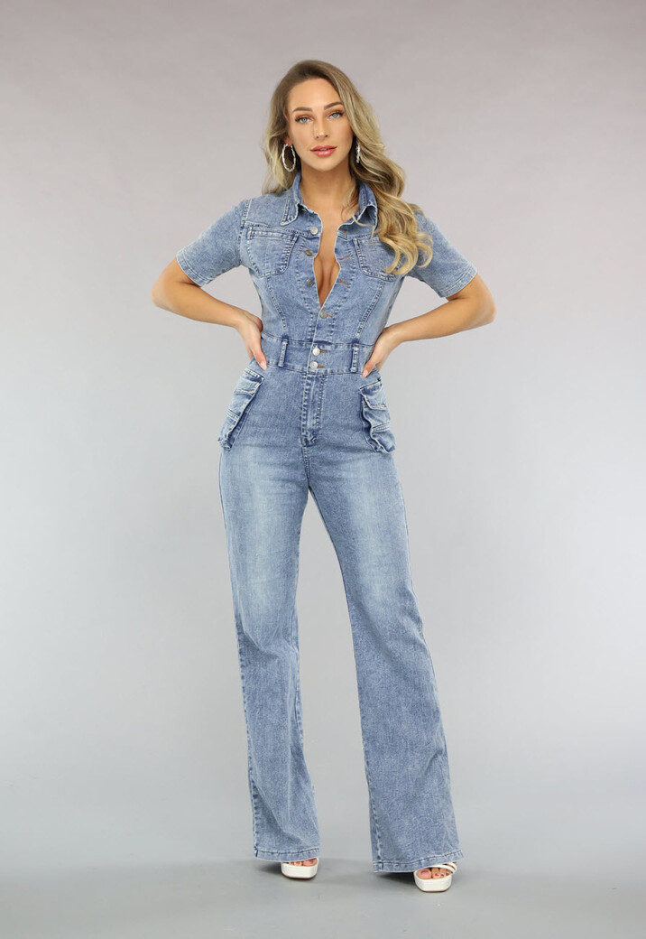Shortsleeve Denim Jumpsuit met Cargo Zakken