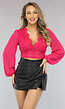 Fuchsia Cropped Blouse met Pofmouwen en Kanten Details