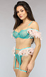 Turquoise met Roze Veren Lingerie Set met Jarretelgordel en Kettingdetails