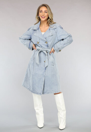 Lichtblauwe Oversized Denim Trenchcoat met Ceintuur