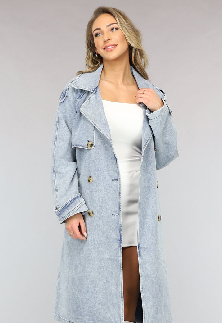 Lichtblauwe Oversized Denim Trenchcoat met Ceintuur