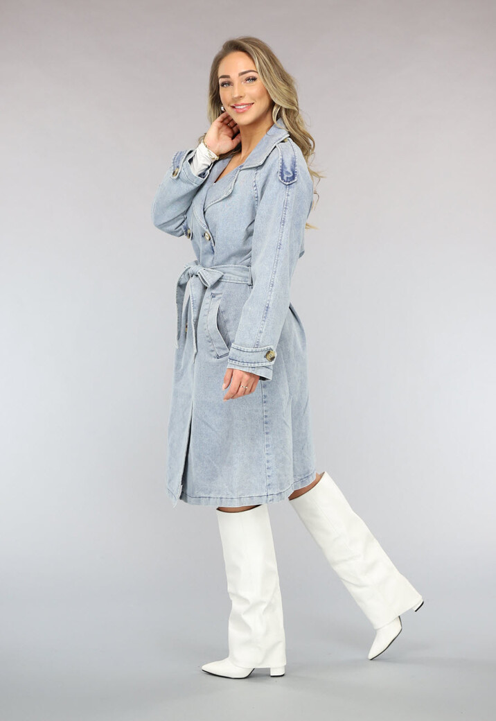 Lichtblauwe Oversized Denim Trenchcoat met Ceintuur