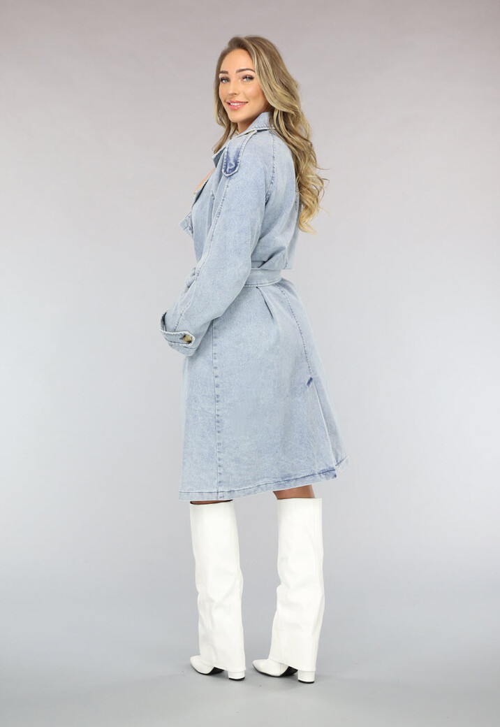 Lichtblauwe Oversized Denim Trenchcoat met Ceintuur
