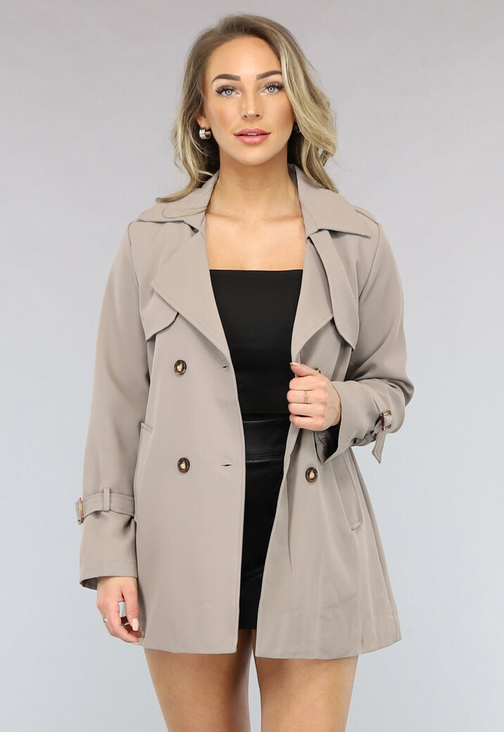 Korte Trenchcoat met Gesp Details in Taupe