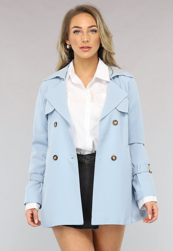 Korte Babyblauwe Trenchcoat met Tailleband