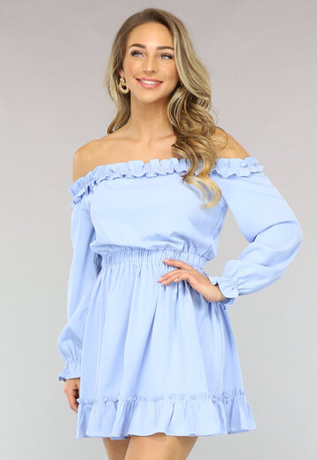 NEW2102 Lichtblauwe Off Shoulder Ruches Jurk