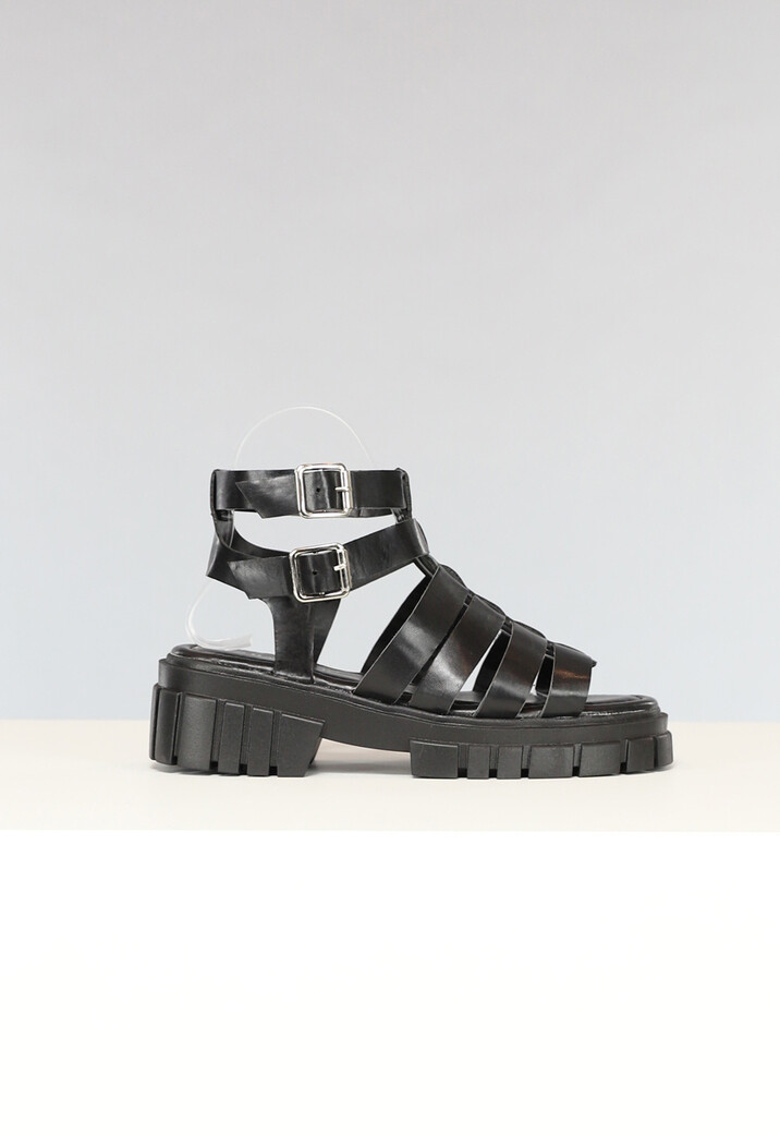 Zwarte Lederlook Sandalen met Grove Zool