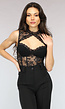 Zwarte Kanten Halter Bodysuit met Cut-Out