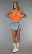 Neon Oranje Knoop Top met Mesh