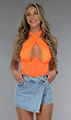 Neon Oranje Knoop Top met Mesh