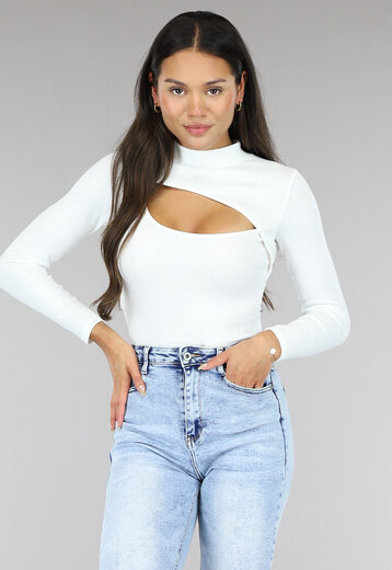 NEW0504 Witte Rib Bodysuit met Uitsnede