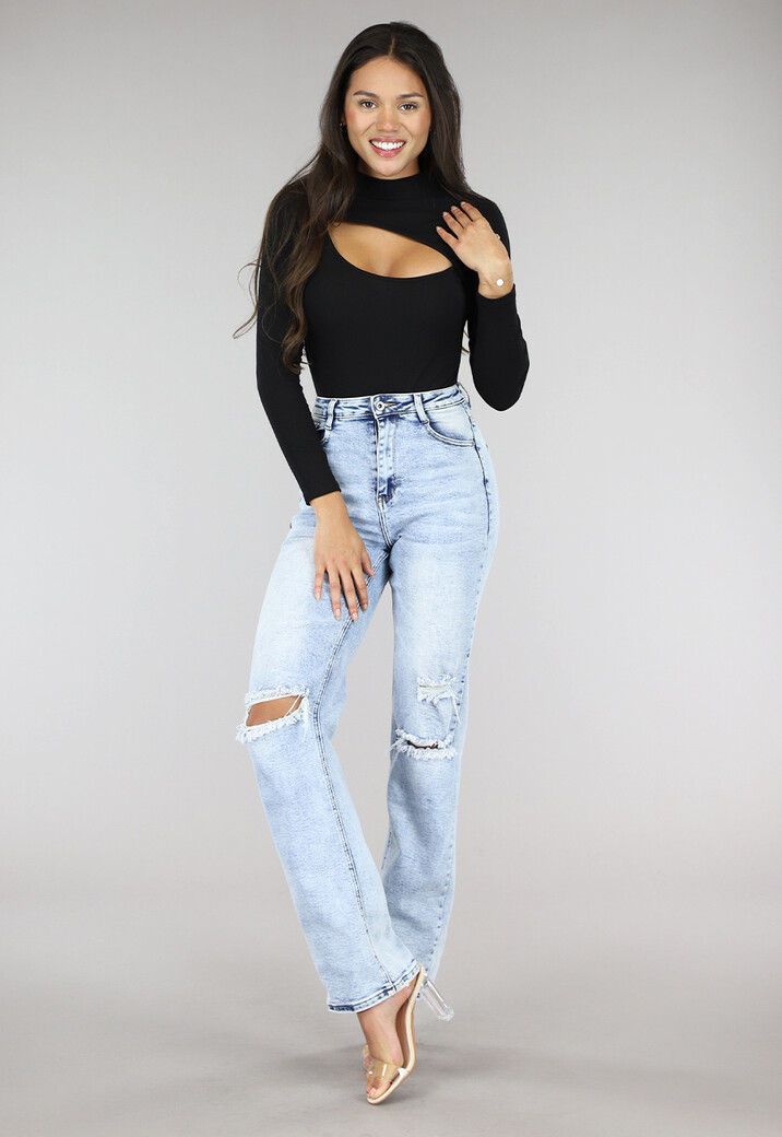 Zwarte Rib Bodysuit met Uitsnede