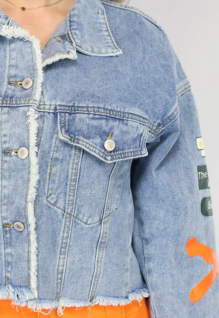 Jeans Jasje met Graffiti Opdruk en Strass