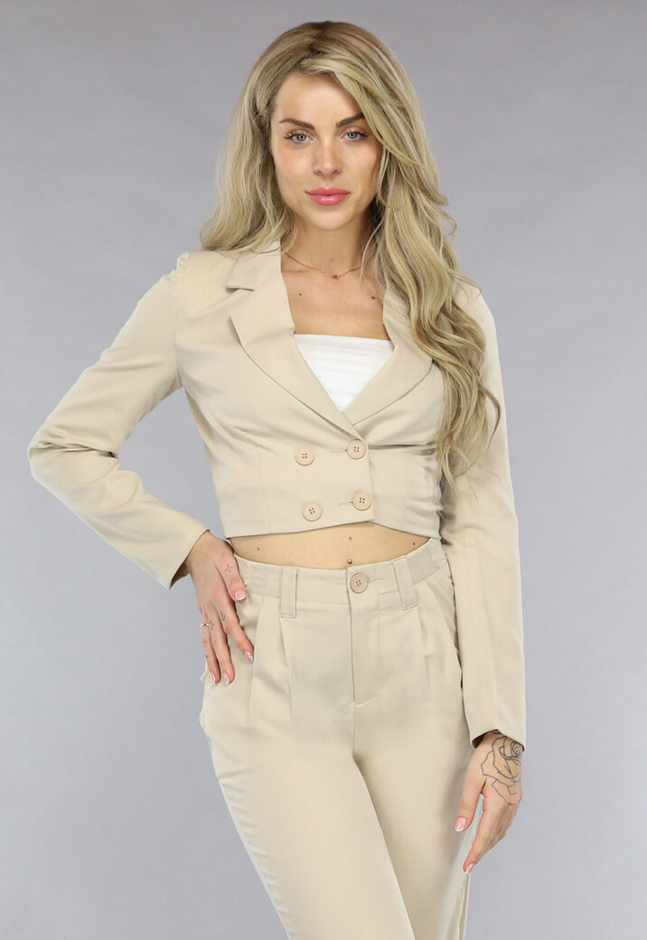 Beige Tweedelig Pak met Wijde Broek