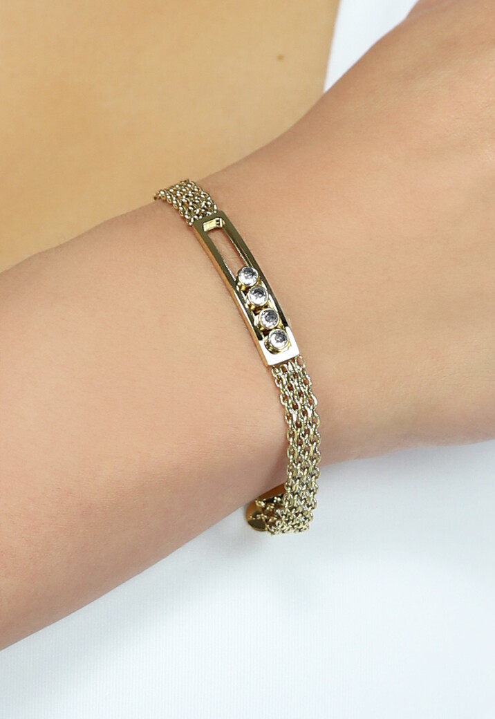 Gouden Stainless Armband met Rechthoekige Bedel en Diamant