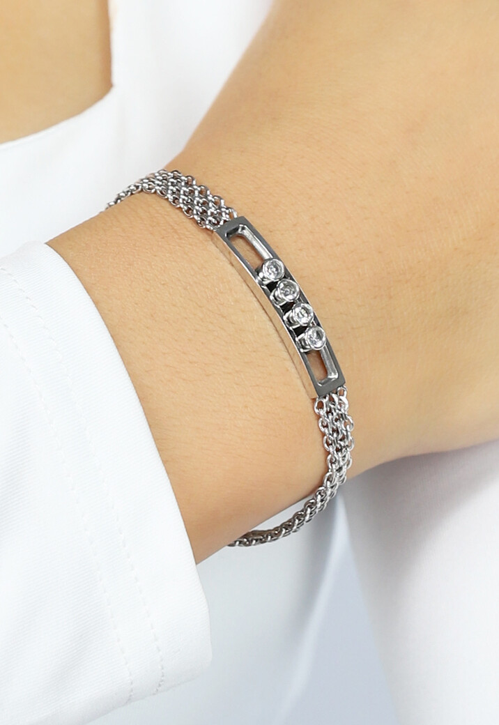 Zilveren Stainless Armband met Rechthoekige Bedel en Diamant