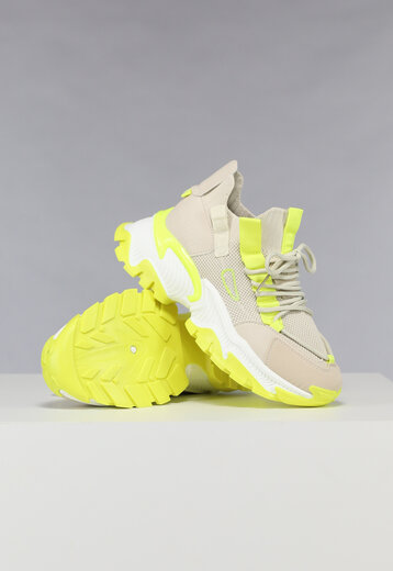 NEW1303 Grove Beige Sneakers met Neon Gele Details