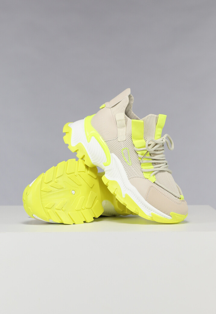 Grove Beige Sneakers met Neon Gele Details Uwantisell