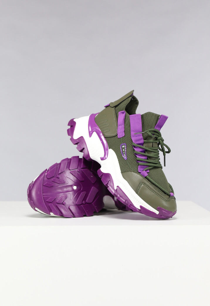 Donkergroene Grove Veterschoenen met Paarse Details - Uwantisell.nl