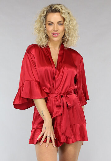 NEW1303 Rode Satijnen Ruffle Kimono