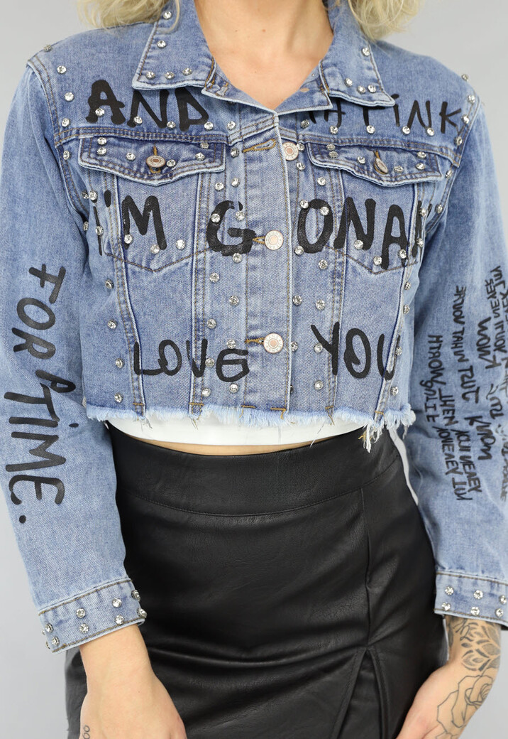 Strass Jeans Jasje met Tekst Opdruk