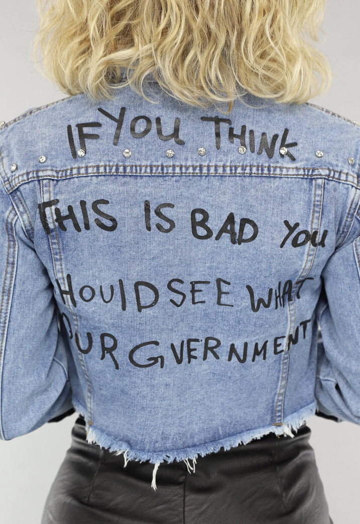 Strass Jeans Jasje met Tekst Opdruk